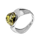 Кольцо 207-1, Серебро 925, Родирование, Янтарь-Зеленый