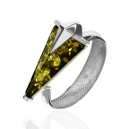 Кольцо 303-1, Серебро 925, Серебрение, Янтарь-Зеленый