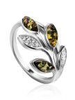 Кольцо 224-1, Серебро 925, Серебрение, Янтарь-Зеленый; Фианиты
