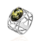 Кольцо 011-2, Серебро 925, Серебрение, Янтарь-Зеленый