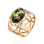 Кольцо 011-2, Серебро 925, Позолота, Янтарь-Зеленый