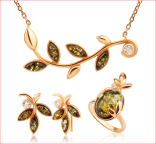 Кольцо 071-2, Серебро 925, Позолота, Янтарь-Зеленый+Фианиты