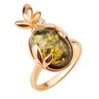 Кольцо 071-2, Серебро 925, Позолота, Янтарь-Зеленый+Фианиты
