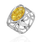 Кольцо 011-2, Серебро 925, Родирование, Янтарь-Лимонный